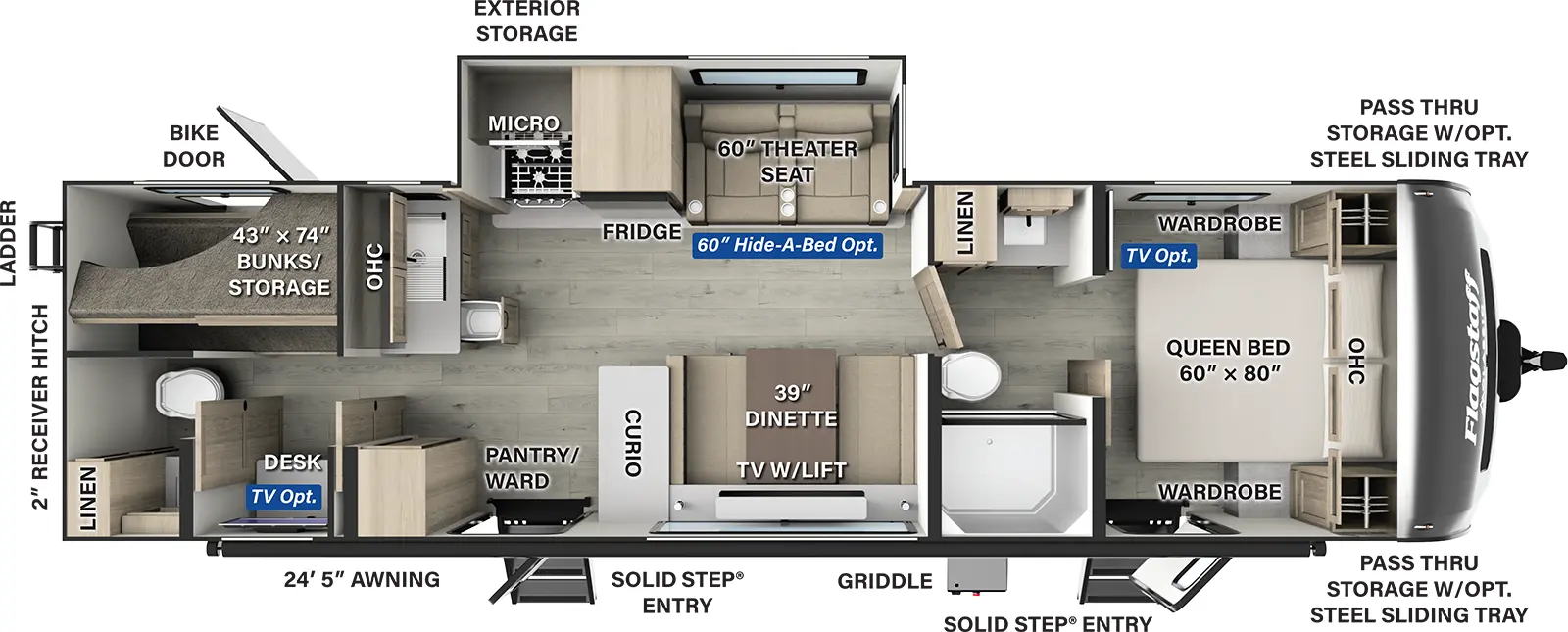 The Flagstaff Super Lite Travel Trailers 29DBH floorplan has two entries and one slide out. Exterior features include: fiberglass exterior and 24'5" awning. Interiors features include: bunk beds, u-dinette, front bedroom, pass through bathroom and two full bathrooms.